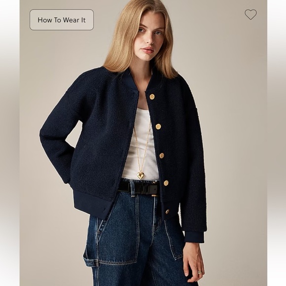 J. Crew Boucle Teddy Fleece Bomber Jacket in Navy Blue Gold Buttons size XS - Picture 1 of 16